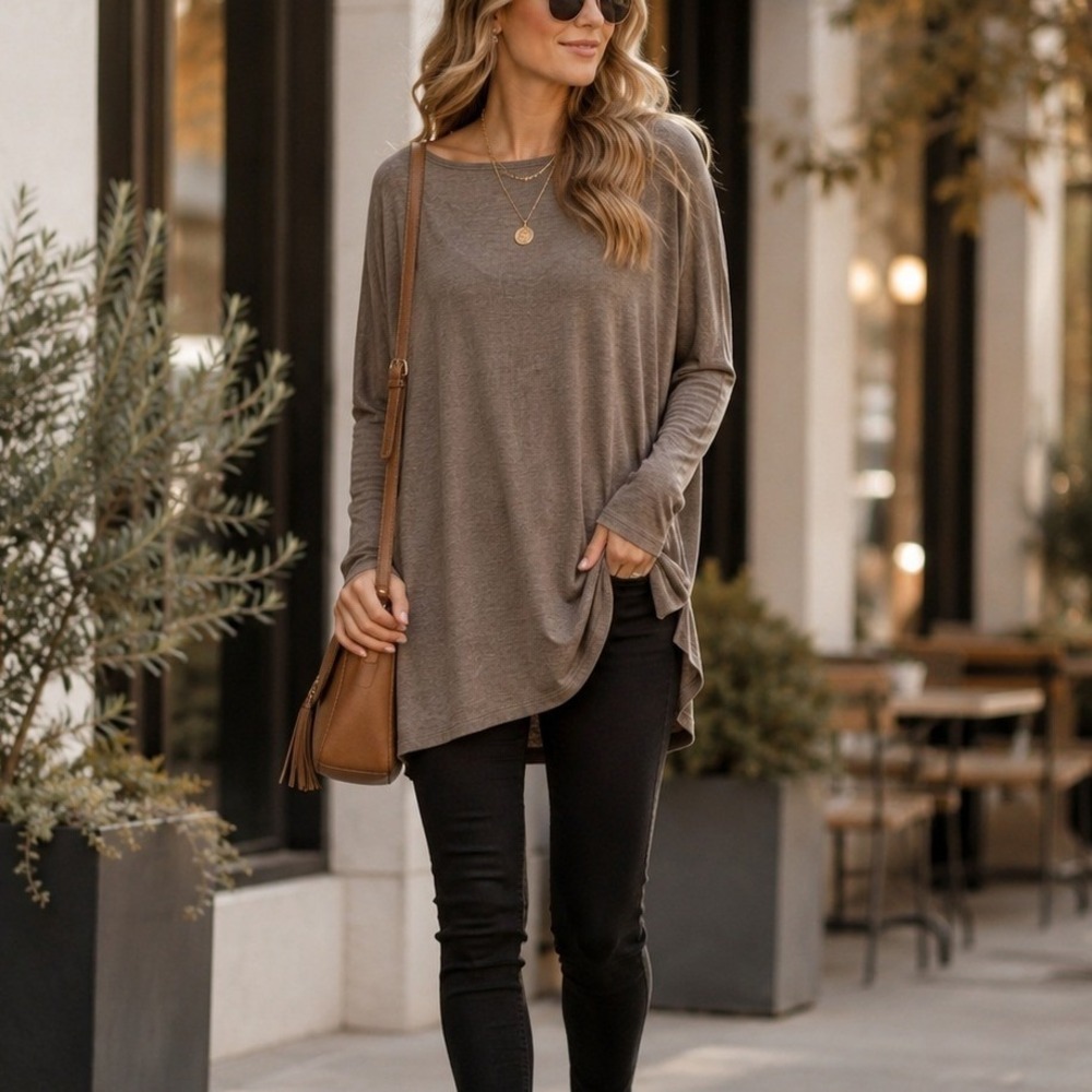 Citiknit Brown Slinky Knit Scoop Neck 3/4 Sleeve Top Size L Liquid Knit Stretch